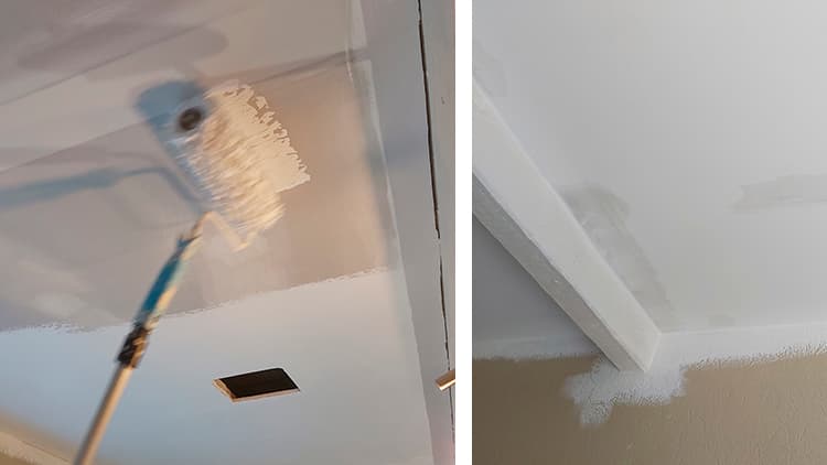 <p data-block-key="g65nj">Käytä laadukasta ja leveää rulla katon maalaamiseen. Maalaa kattomaalilla reilusti myös seinän puolelle.</p>