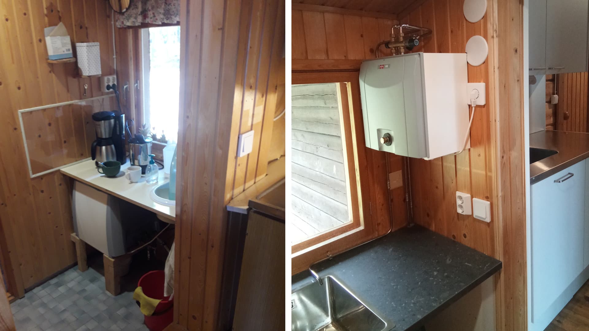 <p data-block-key="4om36">Ennen-jälkeen: Vanha varaaja oli 35-litrainen ja sijoitettu pöytätason alle. Varaaja vaihdettiin pienempään ja nostettiin seinälle, jolloin vapautui tilaa. Vanhalle varaajalle löytyi nopeasti ostaja netin kautta.</p>