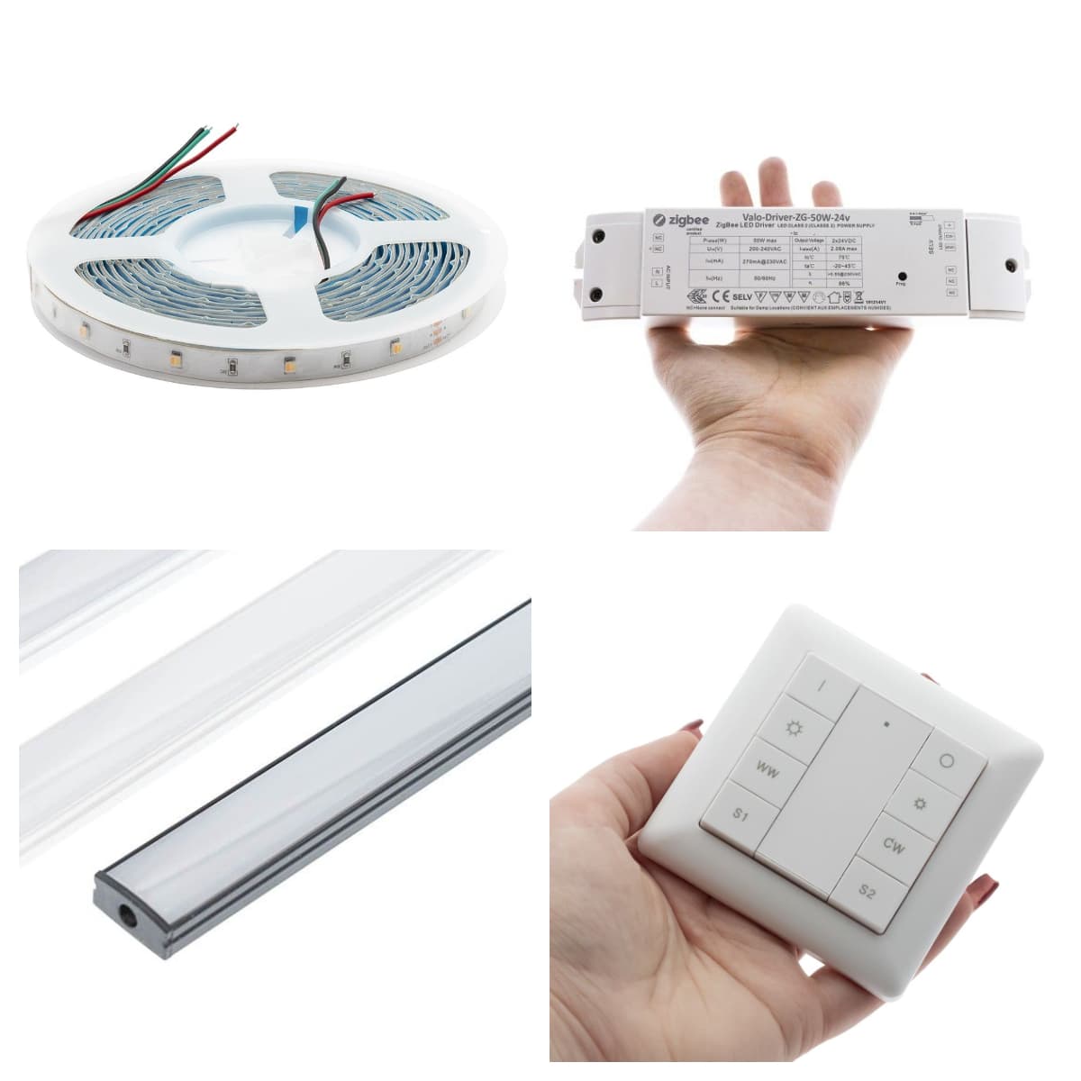 <p data-block-key="va02c">Seiniä ja kattoa kiertää 7,2 W/m 24V värilämpötilasäädettävä CCT, led-nauha mustassa alumiiniprofiilissa. Muuntajana 50W 24V Zigbee sekä sille sopiva langaton värilämpötilasäädinpainike.</p>