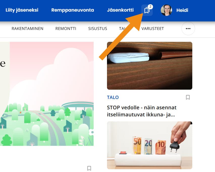 <p data-block-key="hjc1y">Kaikki tallentamasi artikkelit löytyvät yhdeltä sivulta. Yläpalkin kirjanmerkkikuvake näyttää myös tallennettujen sisältöjen määrän.</p>