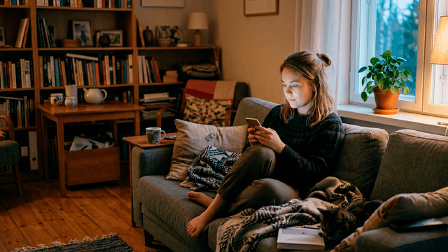 nainen istuu sohvalla ja katsoo puhelinta