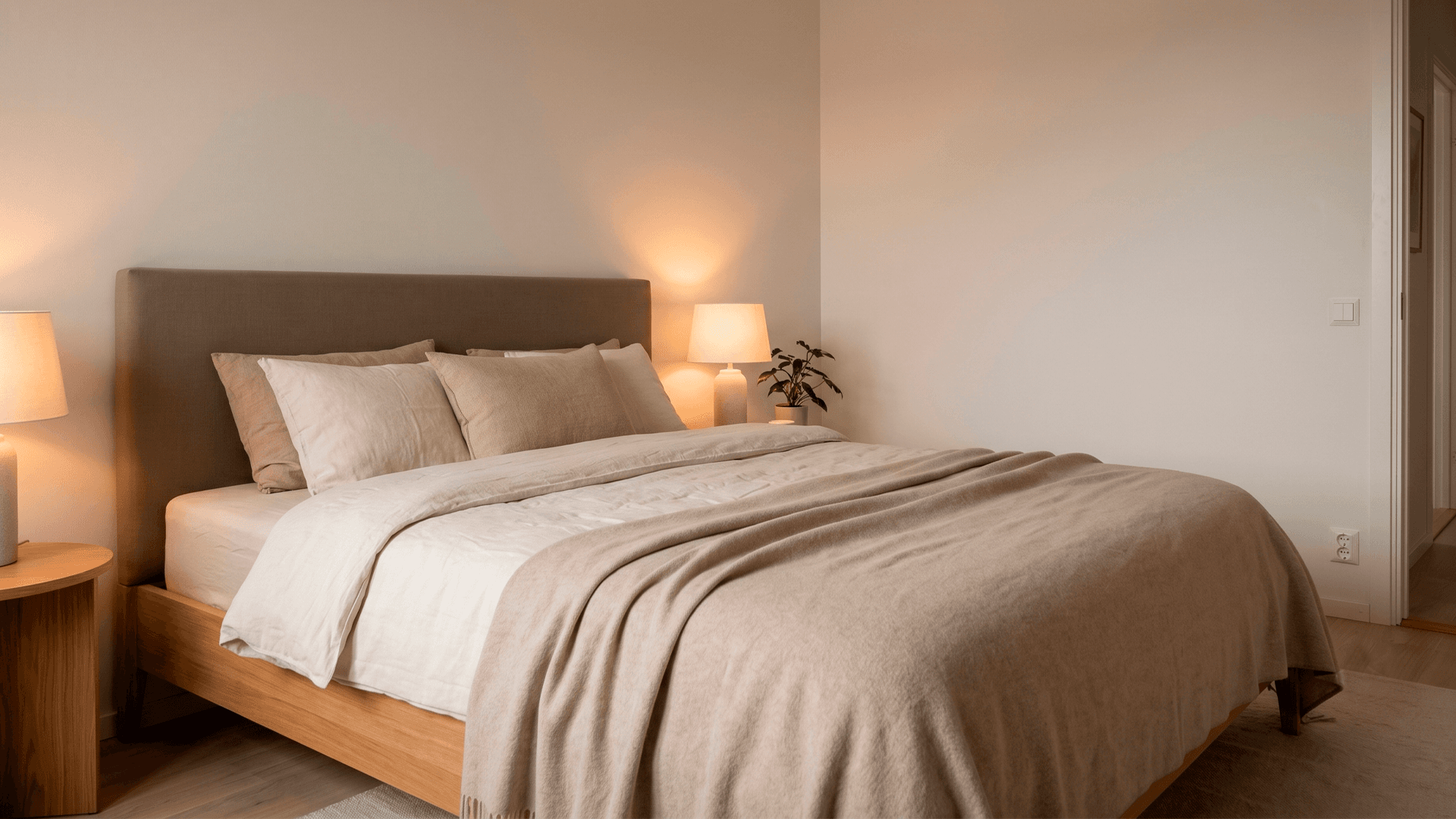 <p data-block-key="94v9h">Makuuhuone, hyvä feng shui: Sängyn päädyn takana on umpinainen seinä, ja sängystä näkee ovelle, vaikka sänky ei ole suoraan oven linjassa. Vaimea valaistus ja pehmeät tekstiilit rauhoittavat tilan. Tällainen sijoittelu tukee turvallisuuden tunnetta ja palautumista. (Kuva luotu tekoälyavusteisesti)</p>