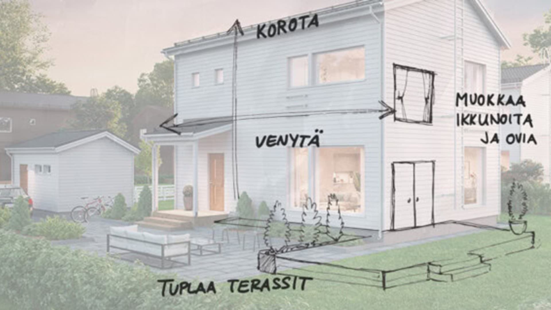 Kastellin kaikki talomallit ovat muokattavissa juuri sinun tarpeillesi. Kuvassa näytetään että ovien ja ikkunoiden paikkoja voidaan tarpeenmukaan lisäillä tai poistaa ja asuntoa pystyy korottamaan ja leventämään