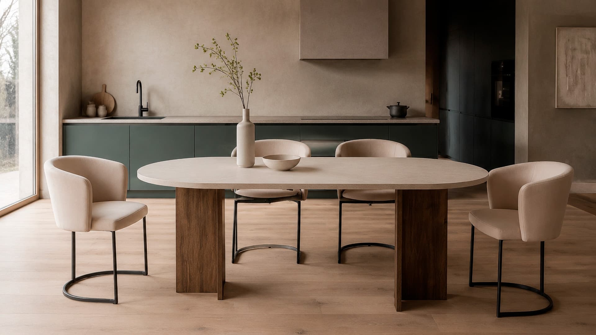 <p data-block-key="2nsw0">Valento Furniture Sabella -ruokapöytä ja vaaleat Furniture Fashion Simrishamn -tuolit sopivat saven, mineraalien ja murretun vihreän sävyihin. (Tekoälyllä tuotettu havainnekuva. Tarkista tuotteiden todelliset materiaalit, sävyt ja yksityiskohdat tuotetiedoista.)</p>