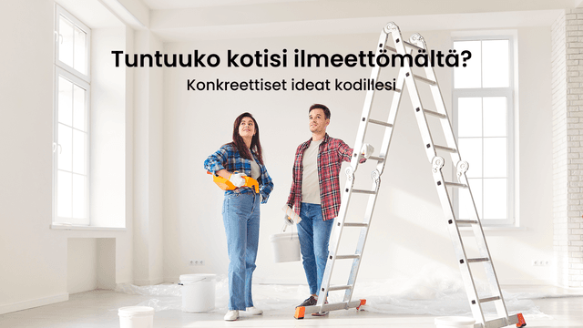 nainen ja mies seisovat kokonaan valkoisen huoneen keskellä ja miettivät mitä sille voisi tehdä